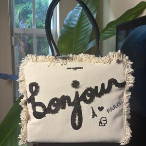 Karl Lagerfeld Bonjour Fringed Tote - Black and Cream
